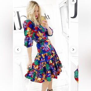 Go Vicki! Vintage 80’s Floral Vibrant Colorful Drop Waist Teared Dress. Size S